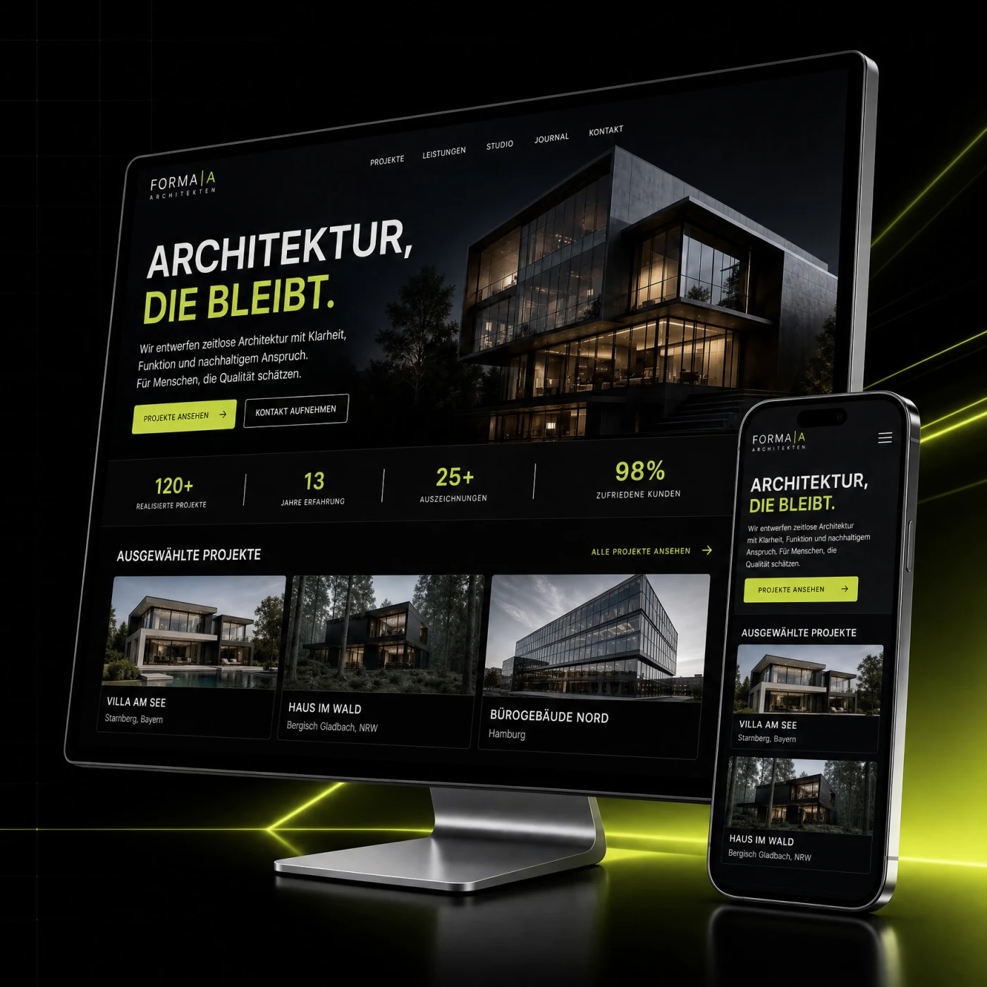 Detaillierte Architektur-Website auf Desktop-Monitor und Smartphone vor einem schwarzen Raster