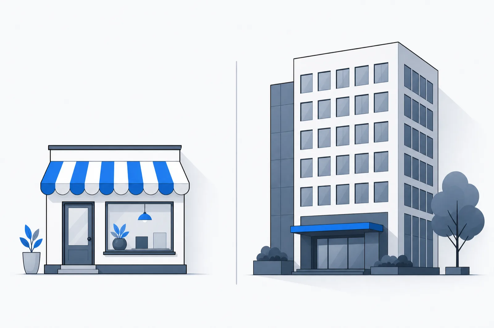 Illustration: kleiner Laden mit Markise neben großem Bürogebäude, getrennt durch eine Linie, Festpreis-Anbieter gegen Agentur