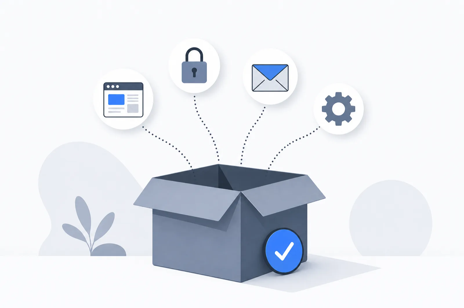 Illustration: offener Karton, aus dem Symbole für Webseiten-Leistungen schweben: Browserfenster, Schloss, Briefumschlag und Zahnrad