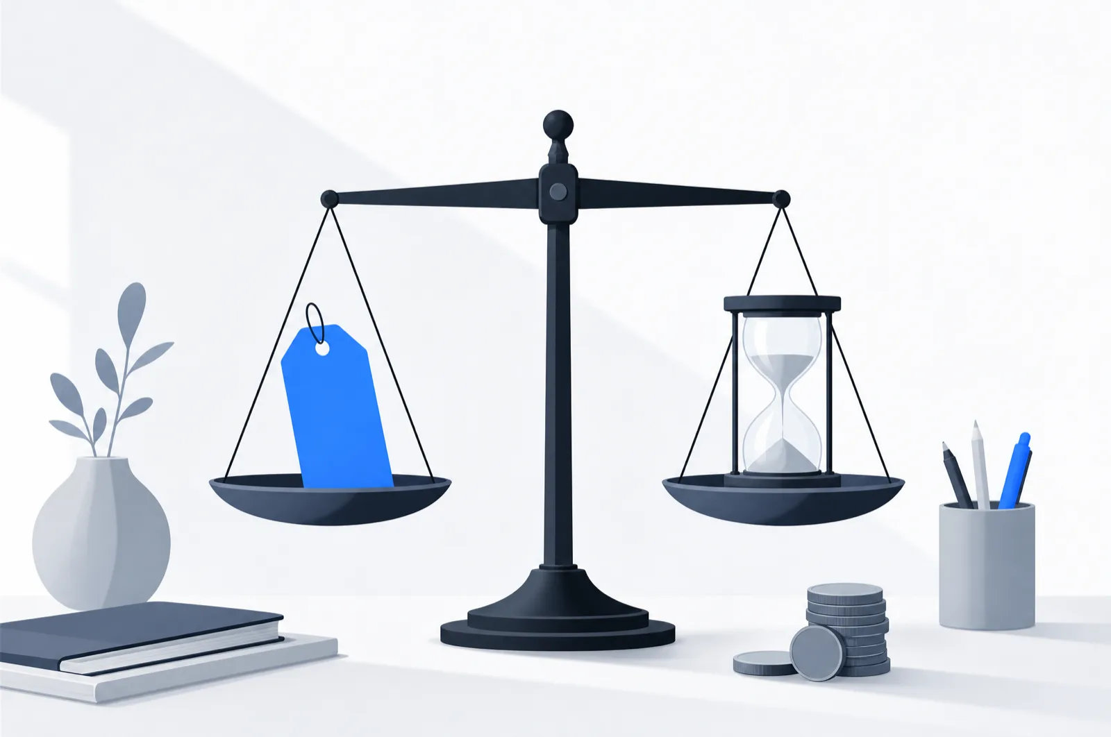 Illustration: Balkenwaage mit Preisschild auf der einen und Sanduhr auf der anderen Seite, Festpreis gegen Stundensatz