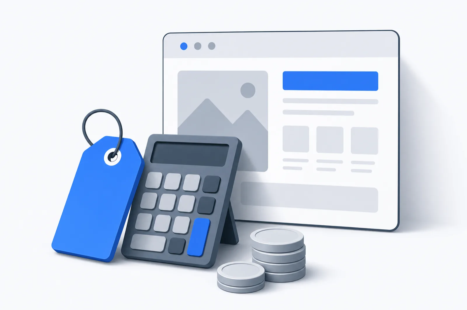 Illustration: großes Preisschild und Taschenrechner neben einem Browserfenster, Kostenaufschlüsselung einer Festpreis-Website