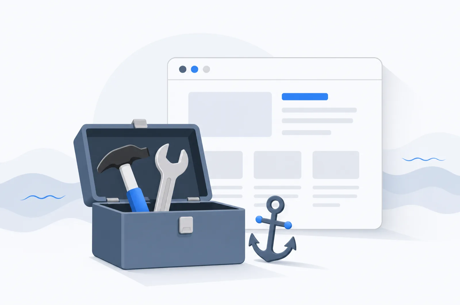 Illustration: offener Werkzeugkasten mit Hammer und Schraubenschlüssel vor einem Browserfenster, kleiner Anker als maritimes Detail für Rostock