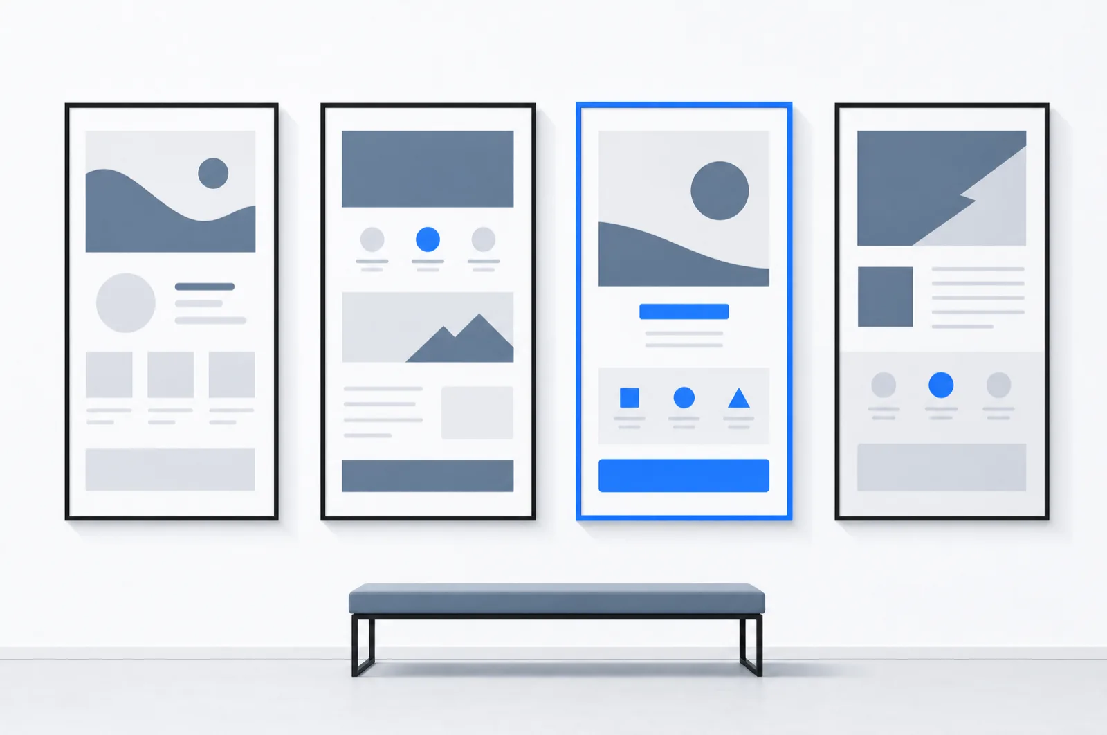 Illustration: Galeriewand mit gerahmten Onepager-Webseiten-Karten in verschiedenen Layouts