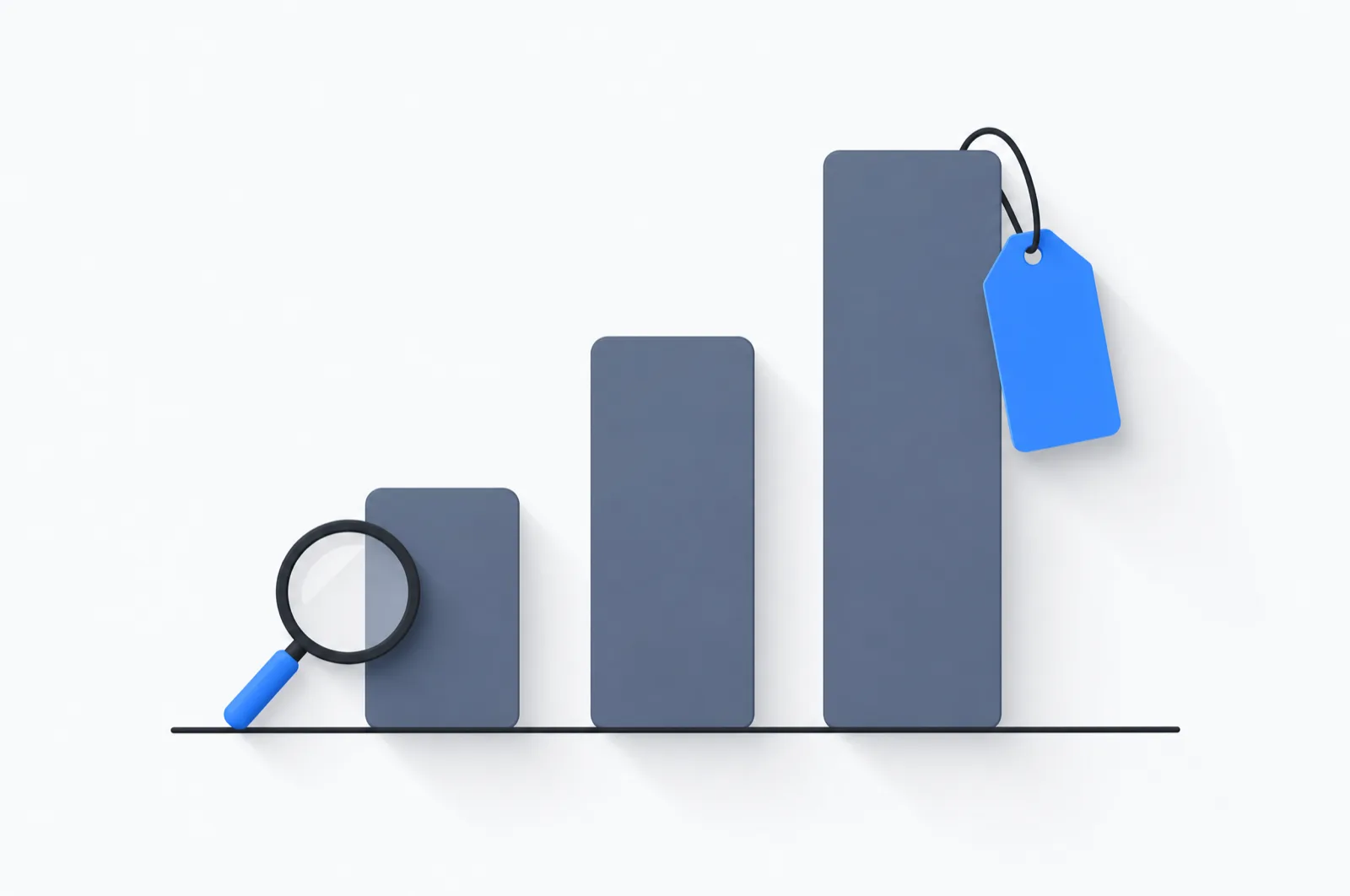 Illustration: Balkendiagramm mit drei unterschiedlich hohen Balken und Preisschild am höchsten Balken, Webdesign-Preisvergleich