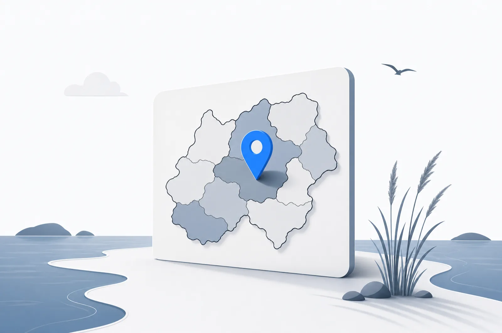 Illustration: stilisierte Karte von Schleswig-Holstein zwischen Nord- und Ostsee mit blauem Standort-Pin
