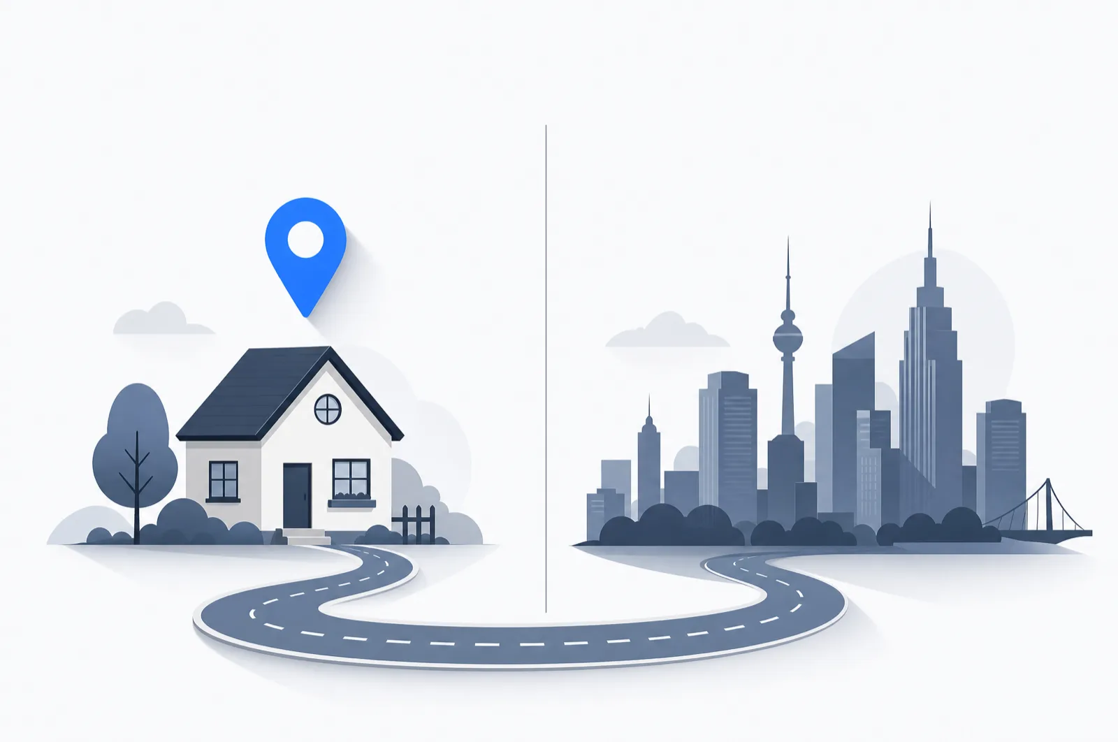 Illustration: kleines Haus mit Standort-Pin links, Großstadt-Silhouette rechts, Vergleich Webdesigner in Itzehoe und Hamburg