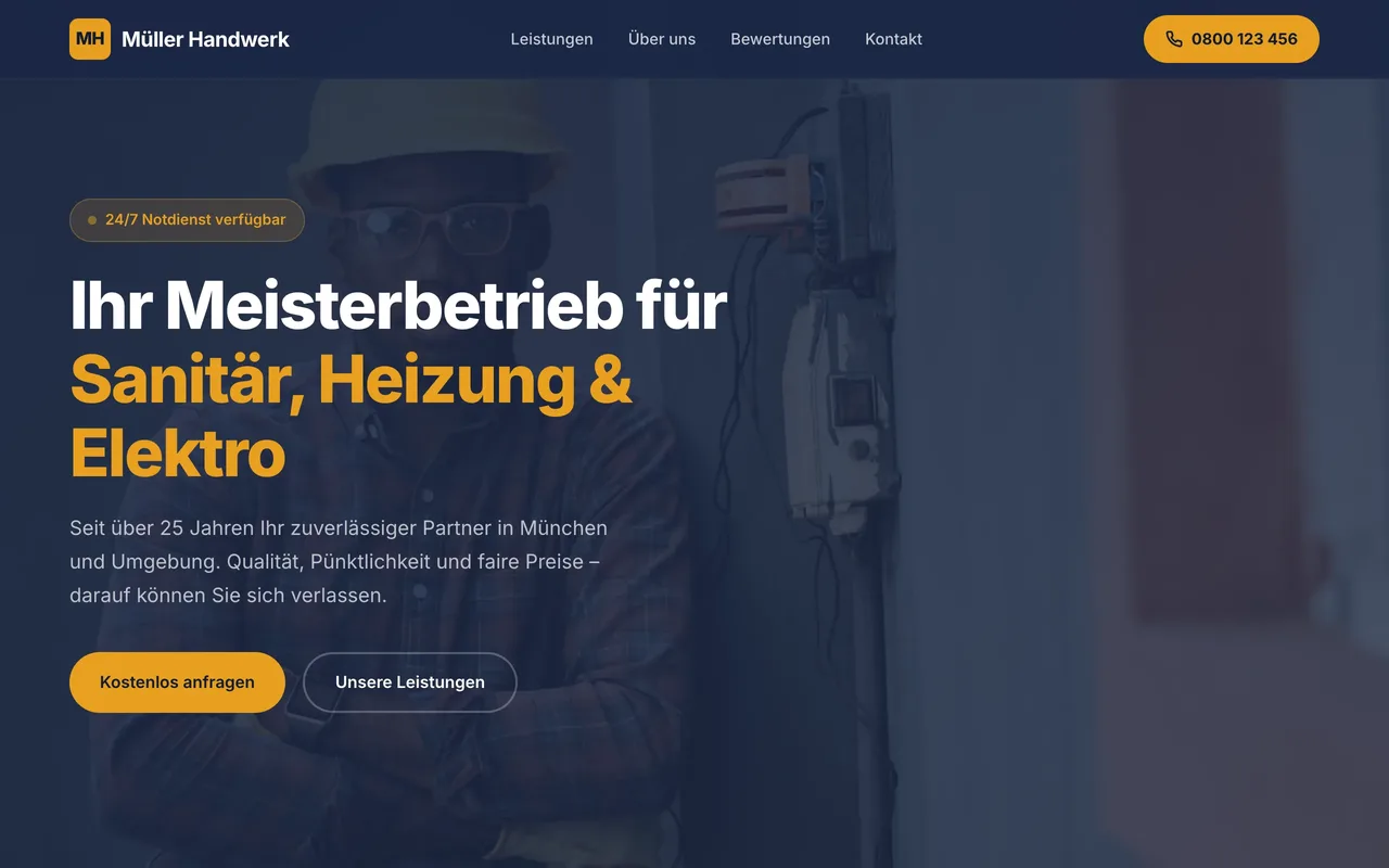 Webseite für Handwerksbetrieb Müller Handwerk in Hamburg – Desktop-Ansicht