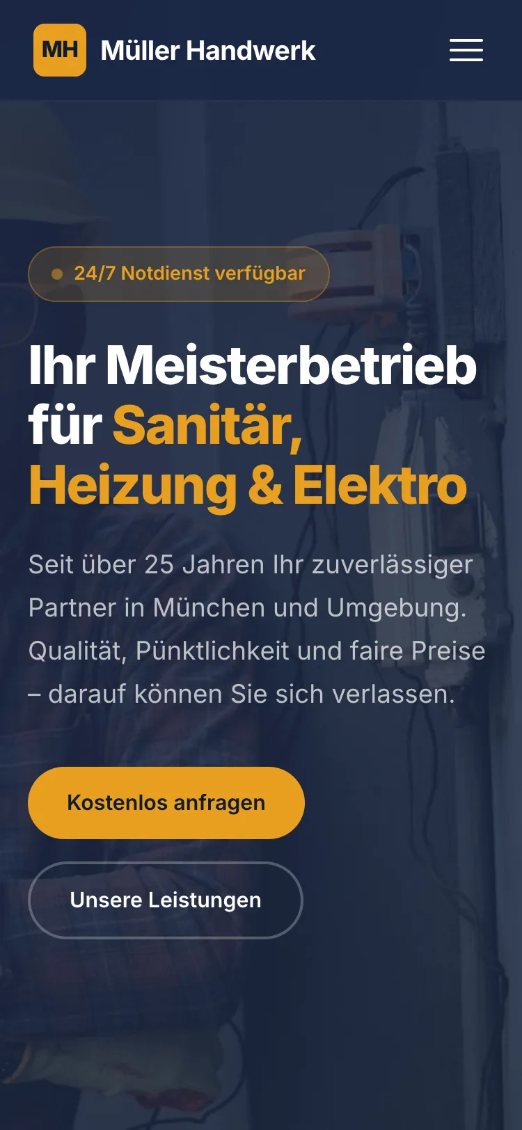 Webseite für Handwerksbetrieb Müller Handwerk – Mobil-Ansicht