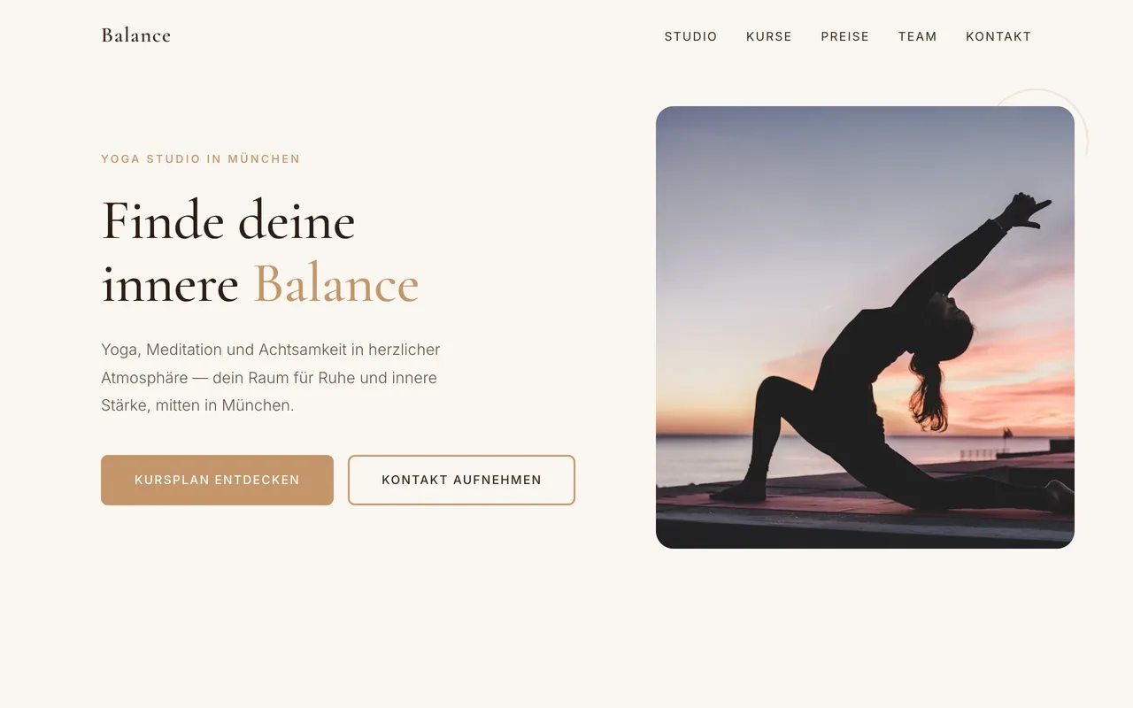 Webseite für Yoga Studio Balance in Bremen – Desktop-Ansicht