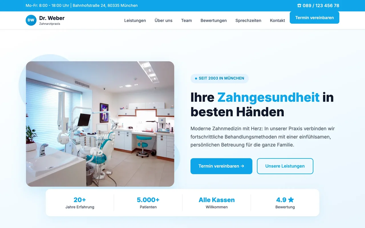 Webseite für Zahnarztpraxis Dr. Weber in Lübeck – Desktop-Ansicht