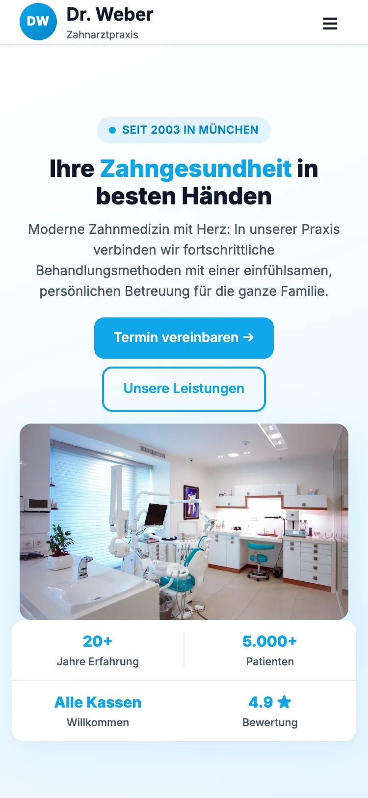 Webseite für Zahnarztpraxis Dr. Weber – Mobil-Ansicht