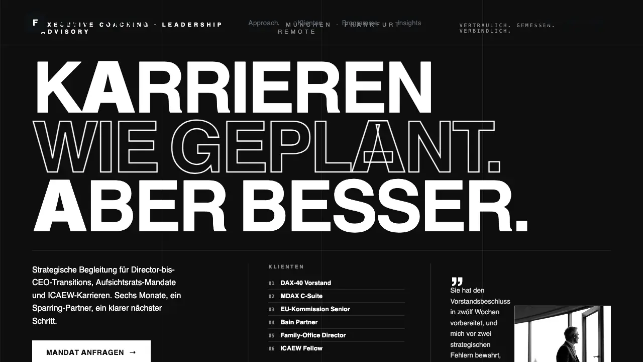 Vorschau der Vorlage Executive Coach · Monochrome Authority (Coaches & Berater)