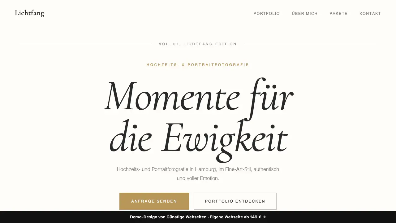 Vorschau der Demo-Webseite Lichtfang, Hochzeitsfotografie (Fotografen)