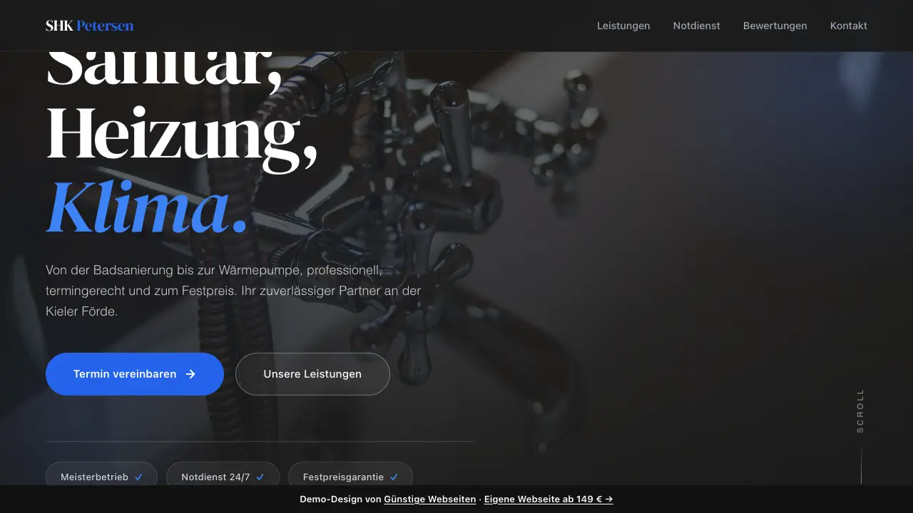 Vorschau der Demo-Webseite SHK Petersen, Sanitär · Heizung · Klima (Handwerker)